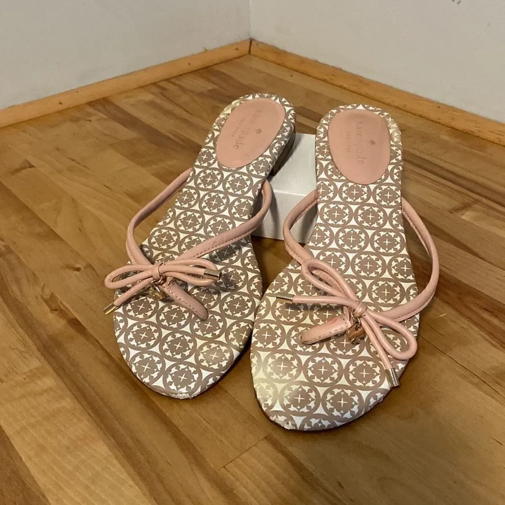 Kate Spade Taupe & Blush Pretty Bow Leather Slide On Flip Flop Sandals Size 9.5